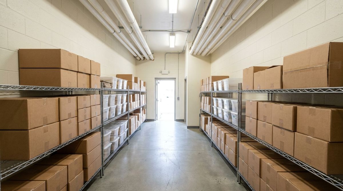 Tidy back-of-house dry store corridor lined with chrome shelving of cartons and clear bins
