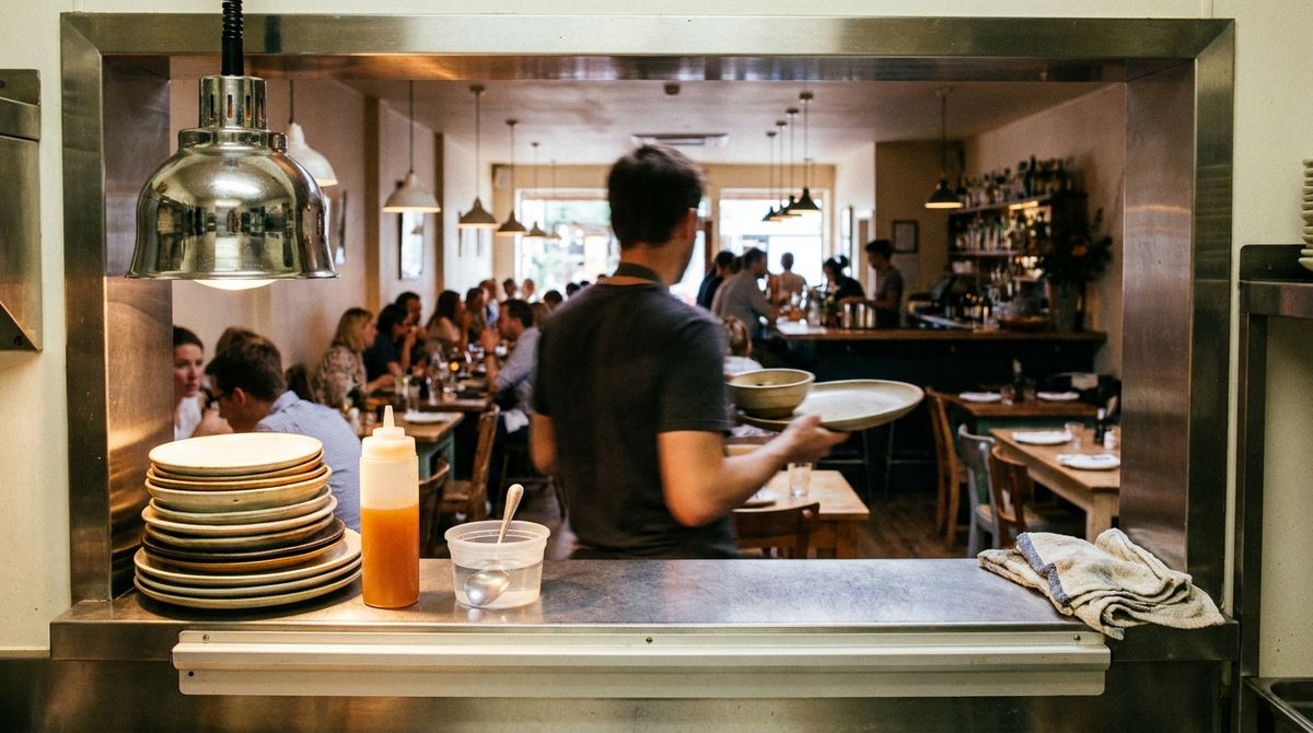View through a kitchen pass into a busy dining room, with stacked plates and a squeeze bottle on the counter
