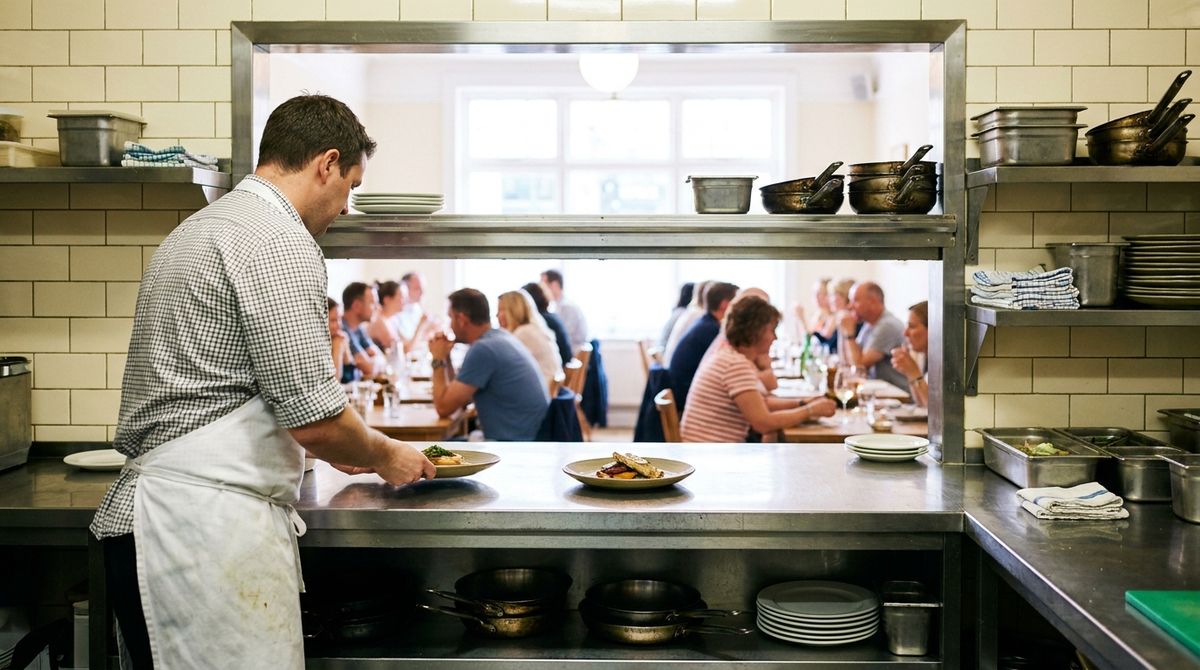 Cook setting plated dishes on a stainless pass shelf, a full dining room visible through the opening beyond
