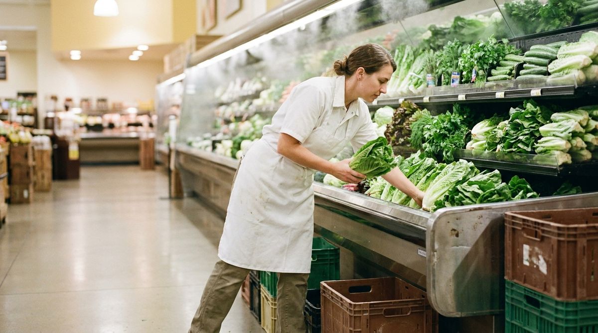 Grocery worker restocking romaine lettuce into a misted refrigerated produce case