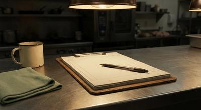 Blank paper log and pen on a clipboard under a hanging lamp on a dim kitchen counter