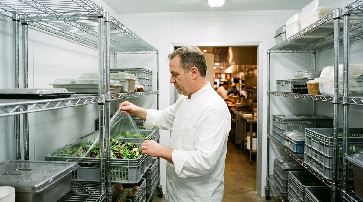 Chef checking a covered crate of salad greens on bright chrome shelving inside a walk-in cooler