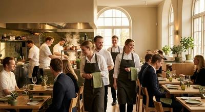 Servers carrying towels out of an open kitchen through a busy dining room of seated guests
