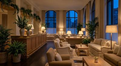 Hotel lobby lounge at night with lit lamps, cream armchairs, and a wooden reception desk