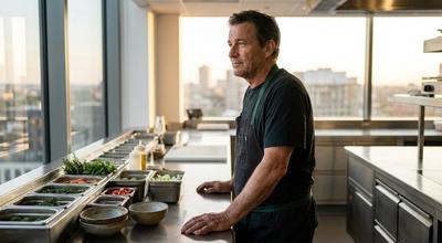 Chef standing at a prep rail of ingredients in a high-rise kitchen overlooking a city at sunset
