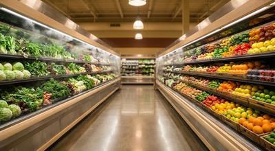 Grocery produce aisle lined with misted refrigerated greens on one side and fruit displays on the other