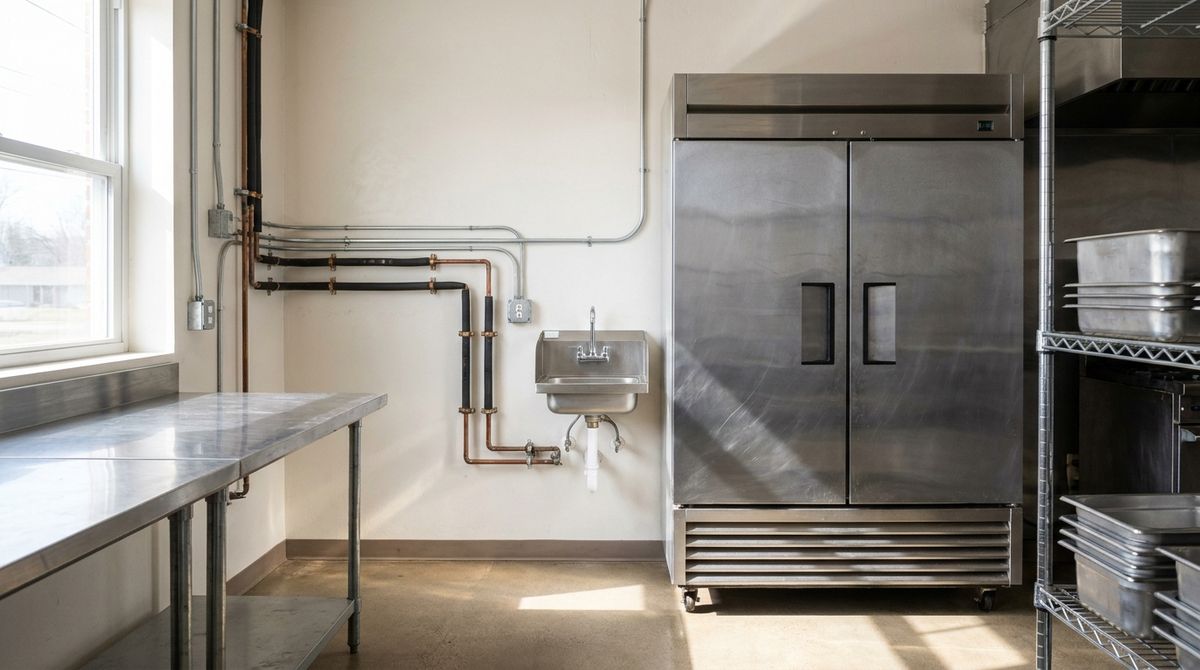 Corner of a clean commercial kitchen with a stainless reach-in refrigerator, prep table and hand sink