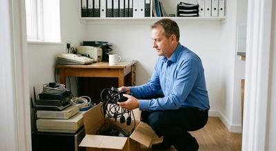 Man crouched beside a box of tangled power adapters next to a stack of old network switches in a tidy office