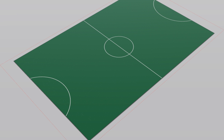 A 3D render of a five-a-side football pitch in modular tiles with a penalty area at each end