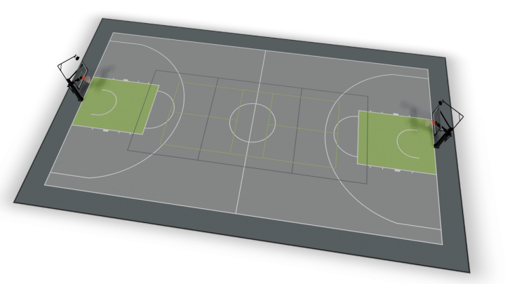 19m x 32.5m regulation full basketball court design rendered in 3D — Elastic Pro II VersaCourt tiles