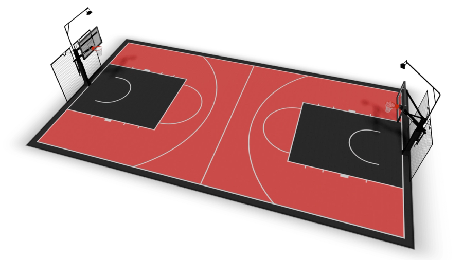Design de campo de basquetebol completo 11m x 21,5m renderizado em 3D — painéis Super X VersaCourt