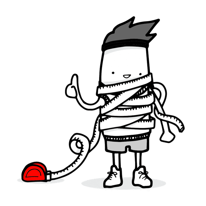 Cartoon of a figure wrapped head to toe in a tape measure, a hard hat at their feet and one finger raised.