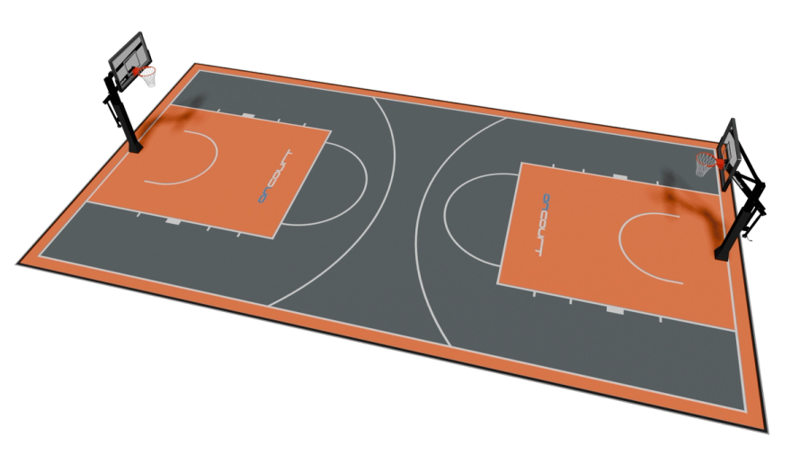 Design de campo de basquetebol completo 10m x 18,5m renderizado em 3D — painéis Elastic Pro II VersaCourt