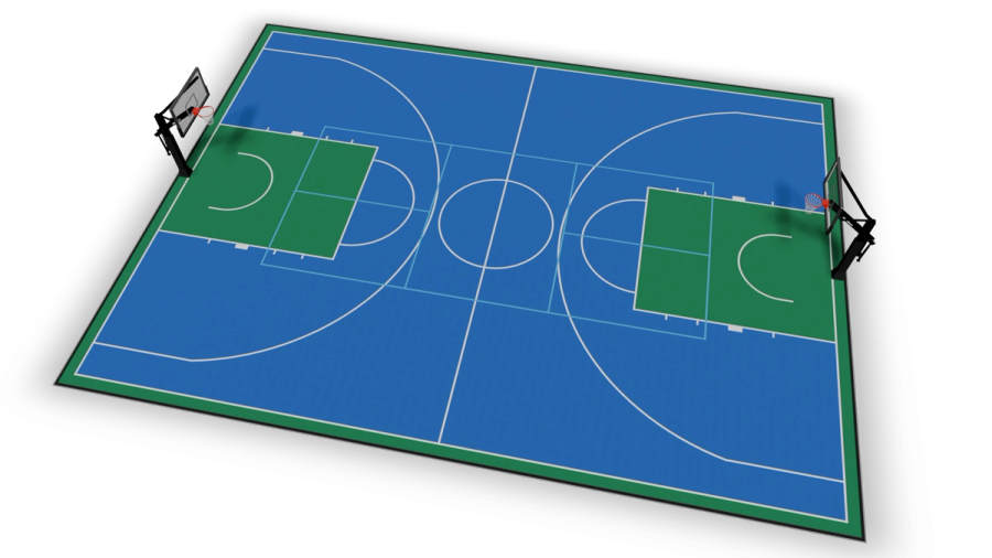 Design de campo de basquetebol completo 16m x 23,5m renderizado em 3D — painéis Super X VersaCourt