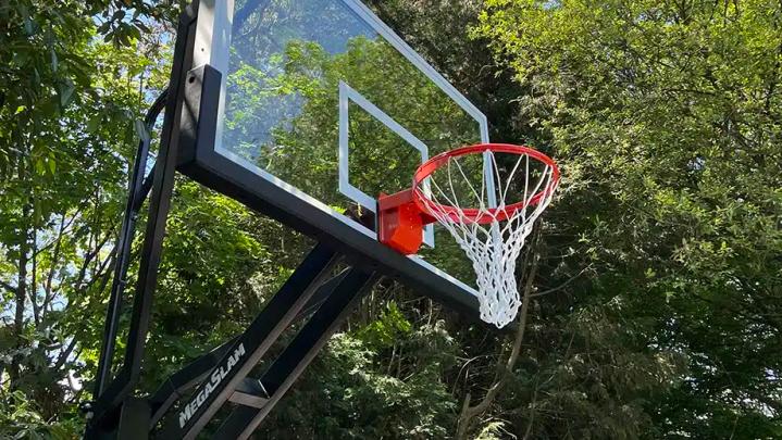 Close-up of a glass MegaSlam backboard and red rim, photographed from below against trees.
