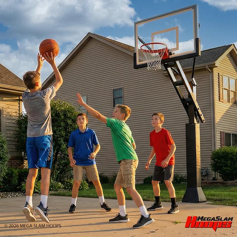 Vier kinderen die spelen op een oprit onder een MegaSlam 60 basket