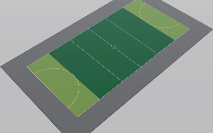 A 3D render of a netball court showing the three thirds and the goal circle at each end, with clearance all round