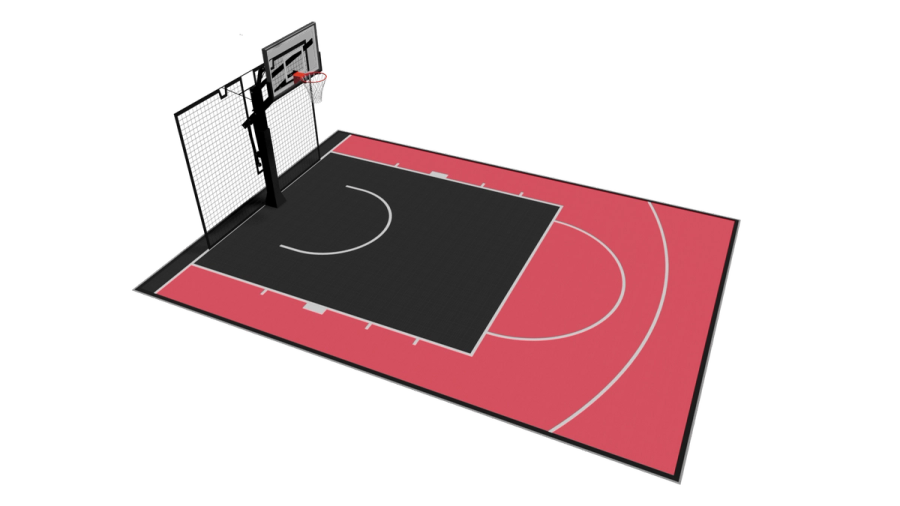 Design de campo de basquetebol exterior 7m x 9,5m renderizado em 3D — painéis Super X VersaCourt