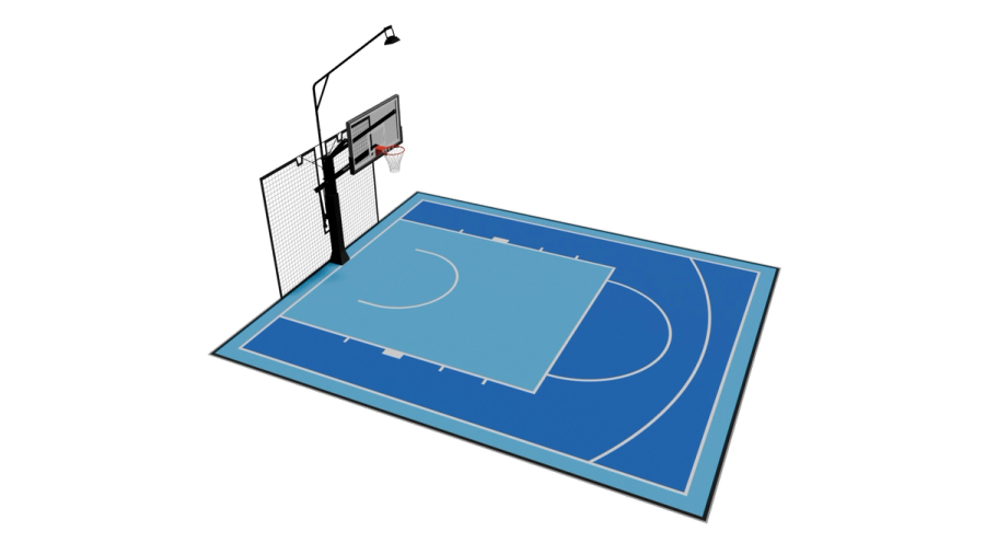 Design de campo de basquetebol exterior 8m x 9,5m renderizado em 3D — painéis Elastic Pro II VersaCourt