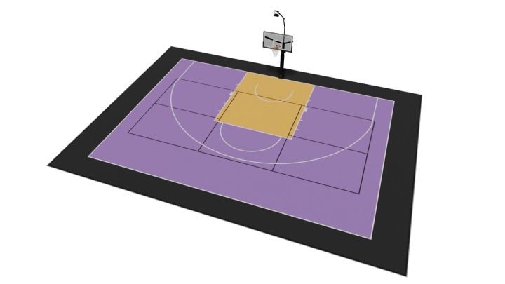 18.5m x 14.5m basketball and pickleball multi-sport court design rendered in 3D — Super X VersaCourt tiles