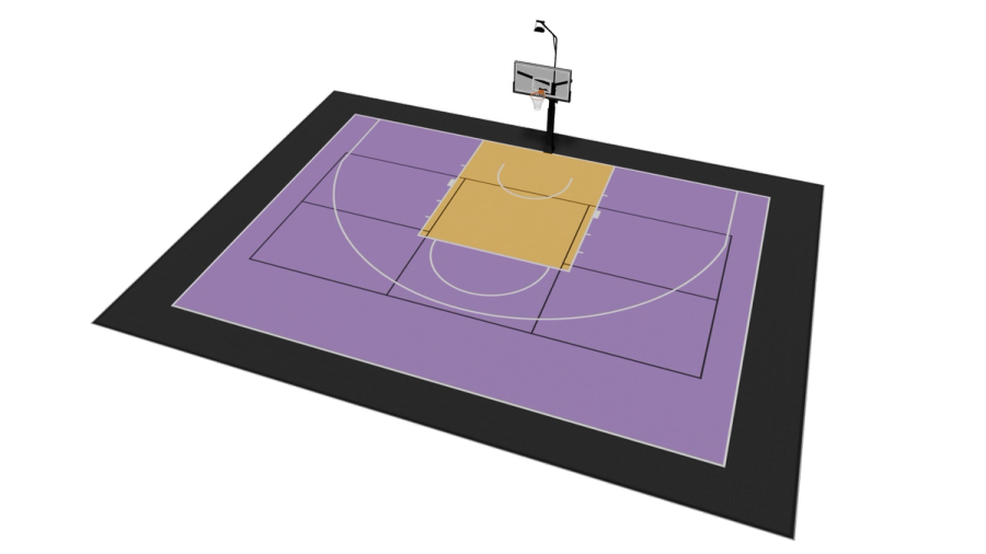Design de campo multisports de basquetebol e pickleball 18,5m x 14,5m renderizado em 3D — painéis Super X VersaCourt
