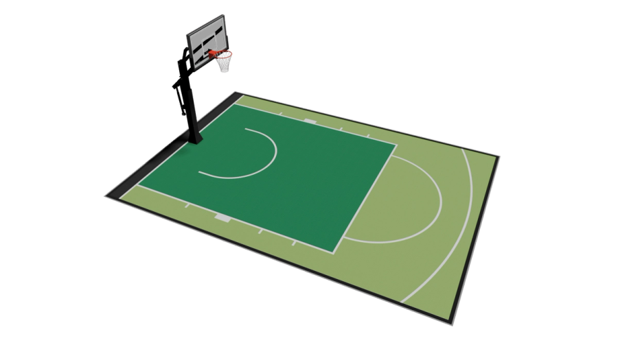 Design de campo de basquetebol exterior 6m x 9m renderizado em 3D — painéis Super X VersaCourt
