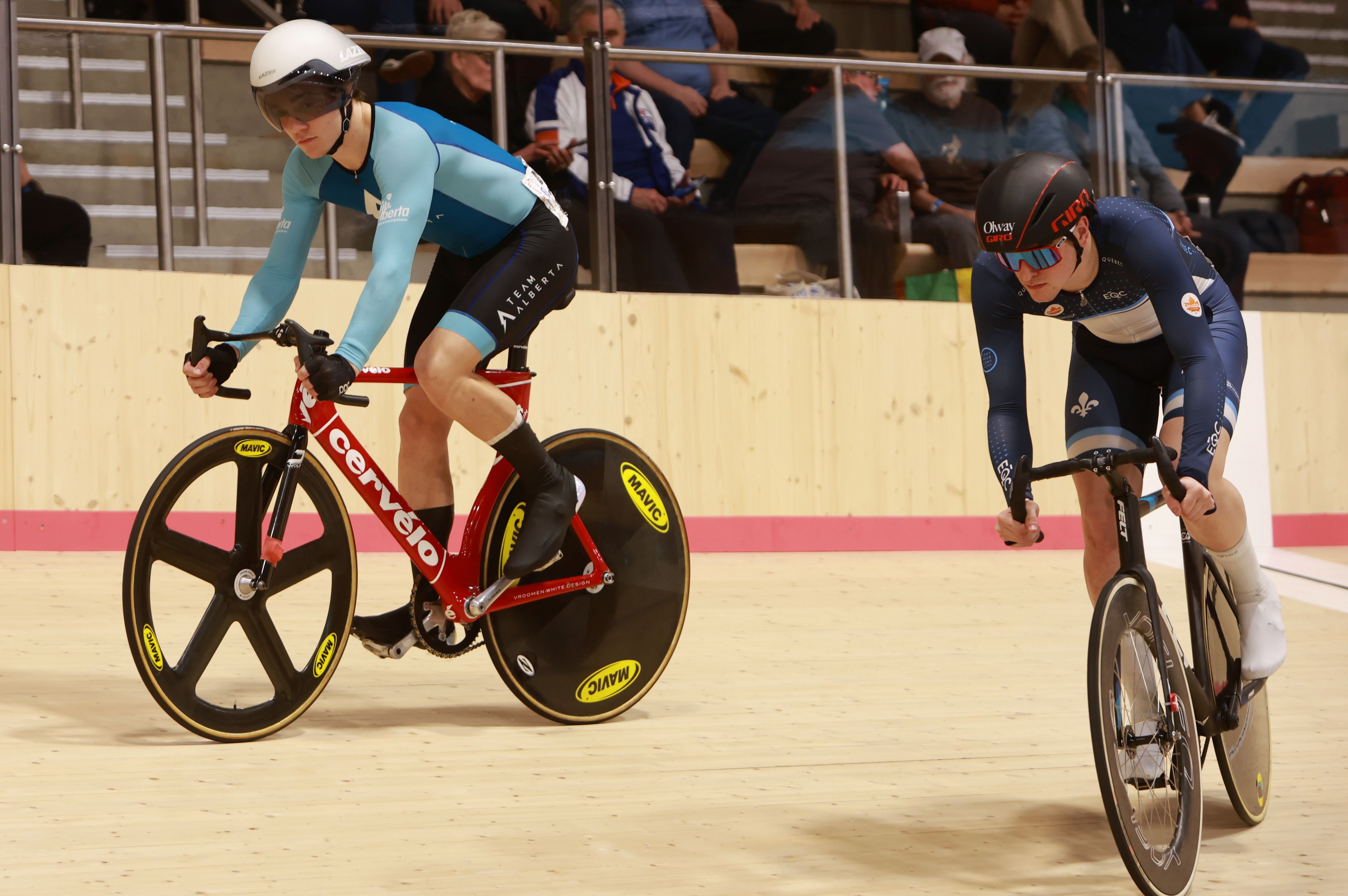 A Team Alberta sprinter on a disc-wheeled bike