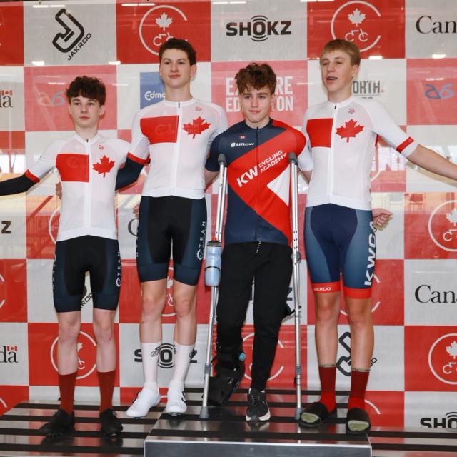 Medallists on the podium in front of the event backdrop at the 2026 Canadian Junior Track Nationals