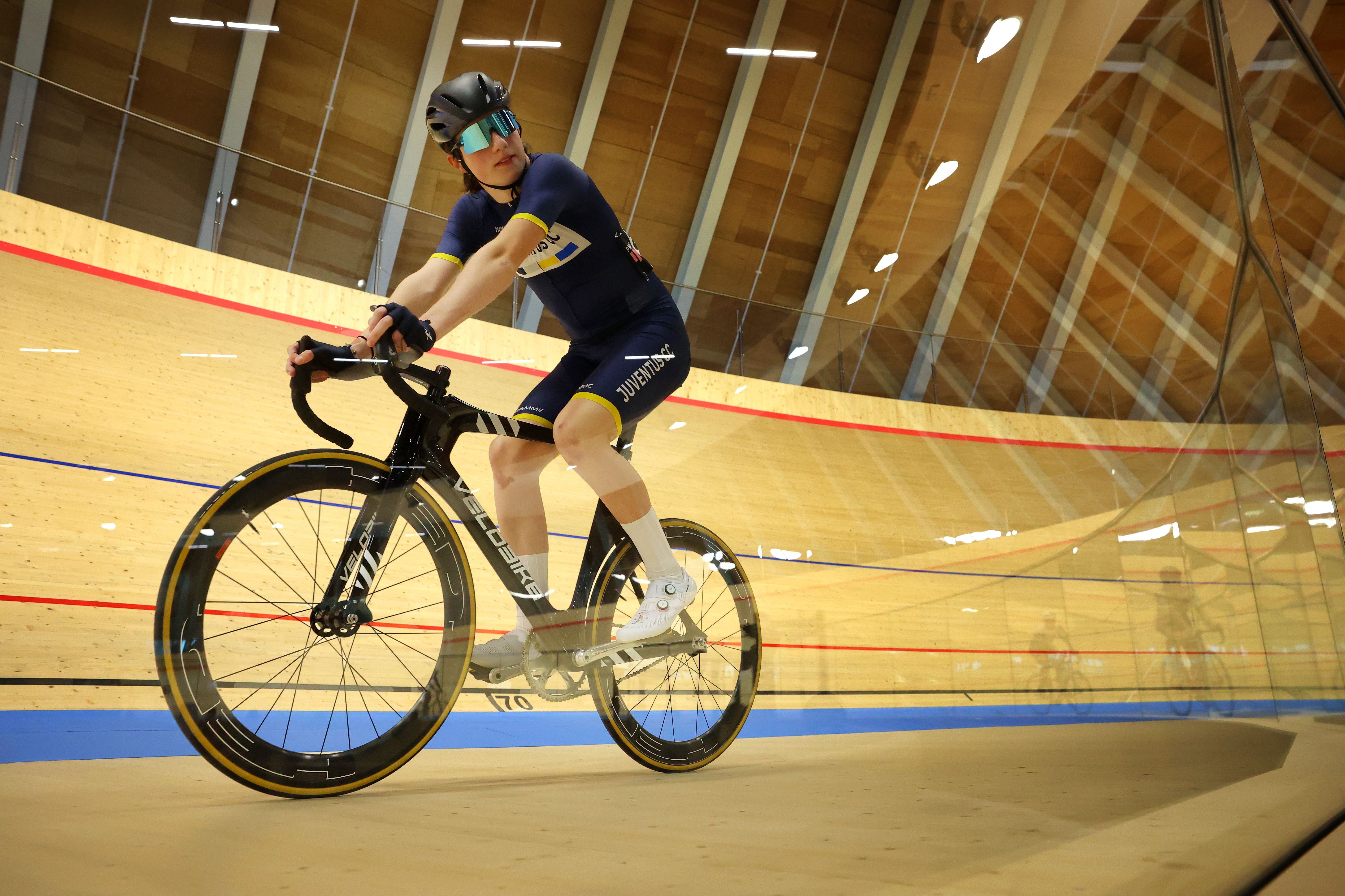 A Juventus club rider on the banking during a club session