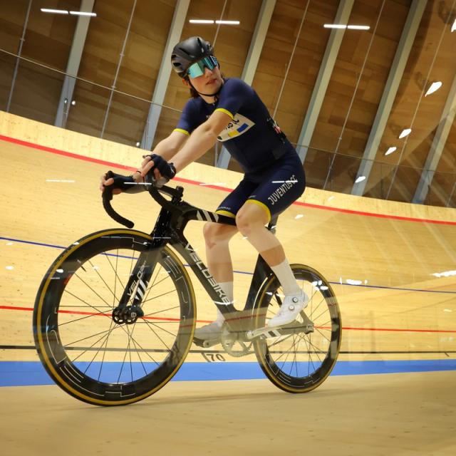 A Juventus club rider on the banking during a club session
