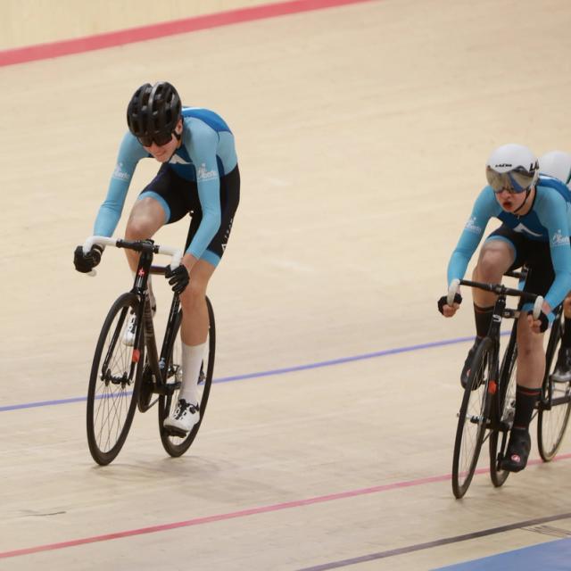 Young riders on the track at the Alberta Velodrome