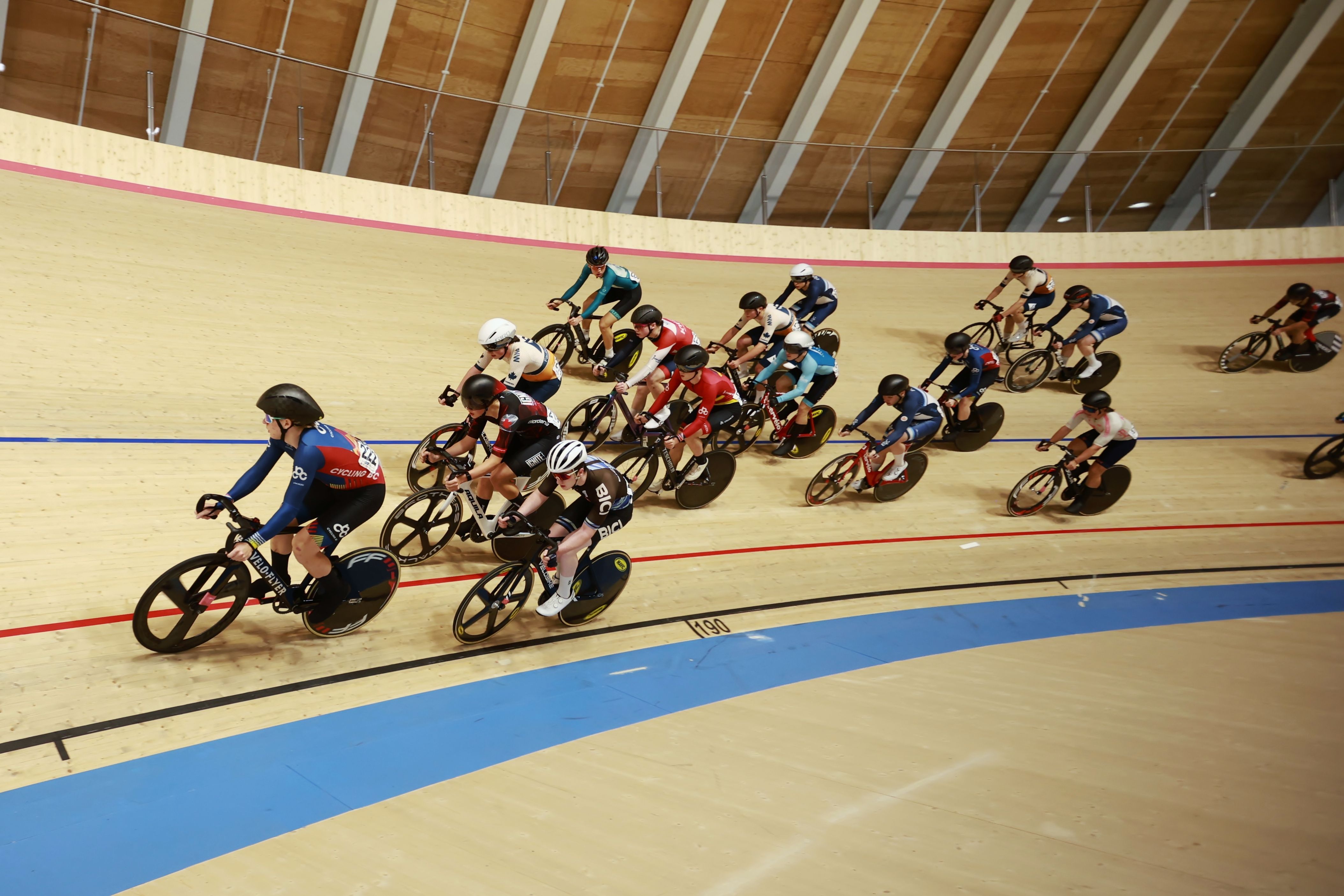 Riders on the banking of the Alberta Velodrome