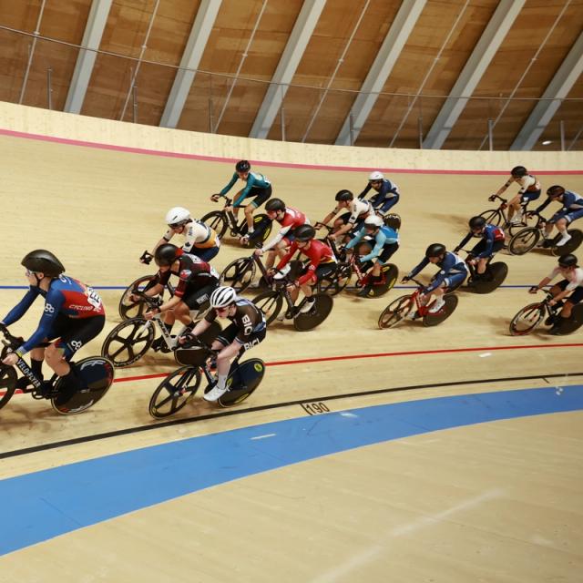 Riders on the banking of the Alberta Velodrome