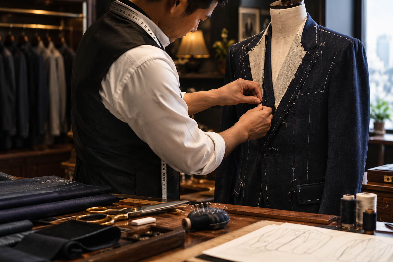 A tailor is hand-crafting a suit.