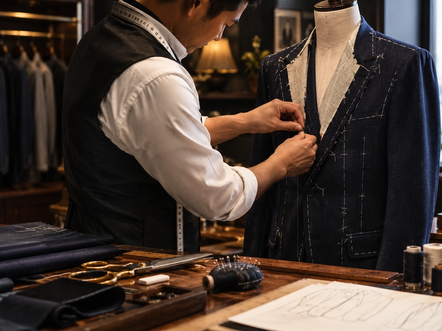A tailor is hand-crafting a suit.