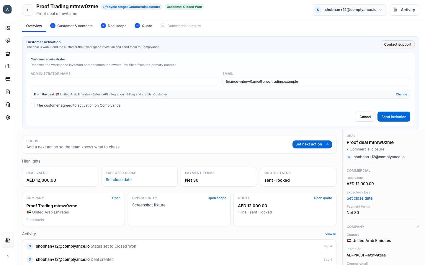 Request activation from a won deal