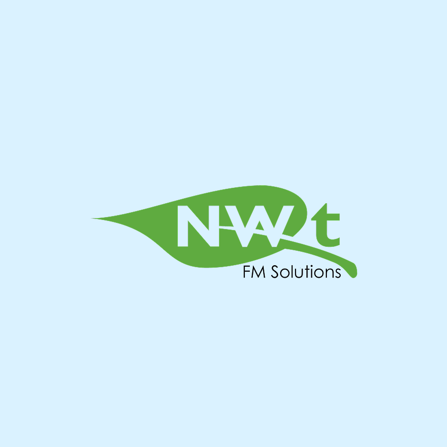 NWT FM Solutions logo featuring white text "NWT" and black text "FM Solutions" on a green leaf.