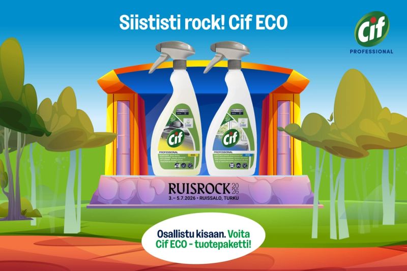 Cartoon ad featuring two Cif ECO spray bottles, Ruisrock 2026 branding, and Finnish text promoting a product giveaway.