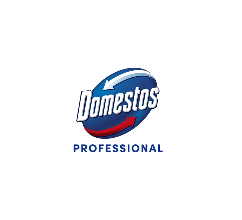Domestos Professional-logo med "Domestos" i hvid tekst på en blå oval med hvide og røde pile samt "PROFESSIONAL" i blåt nedenunder.