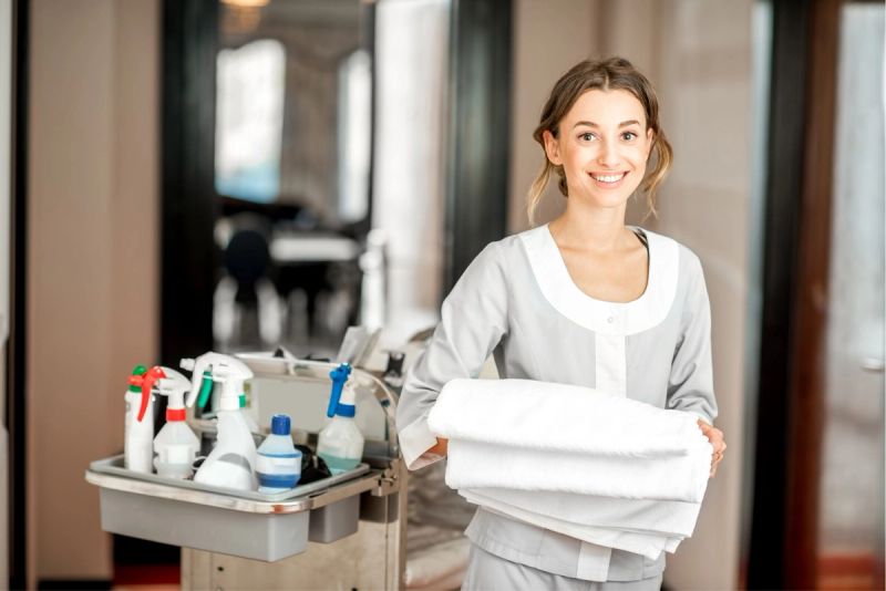 a maid is holding a stack of towels and a cart with cleaning supplies in a hotel room .
