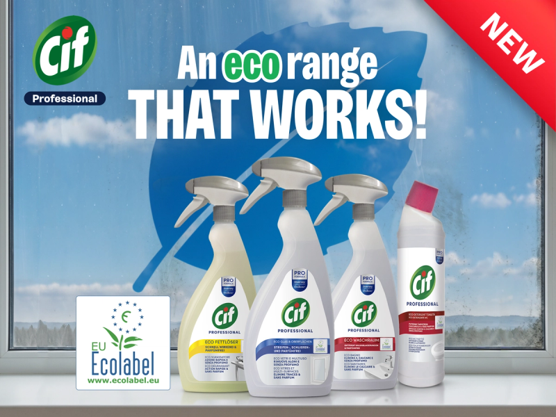 Four new Cif Professional eco-range cleaning products (sprays and bottles) on a windowsill, with an EU Ecolabel logo and text "An eco range THAT WORKS!".