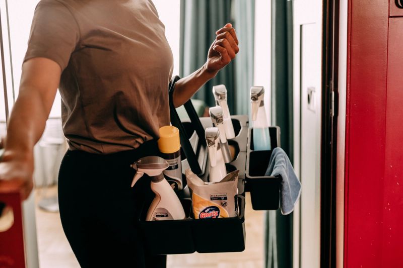 a woman is holding a tray of cleaning supplies in her hand .