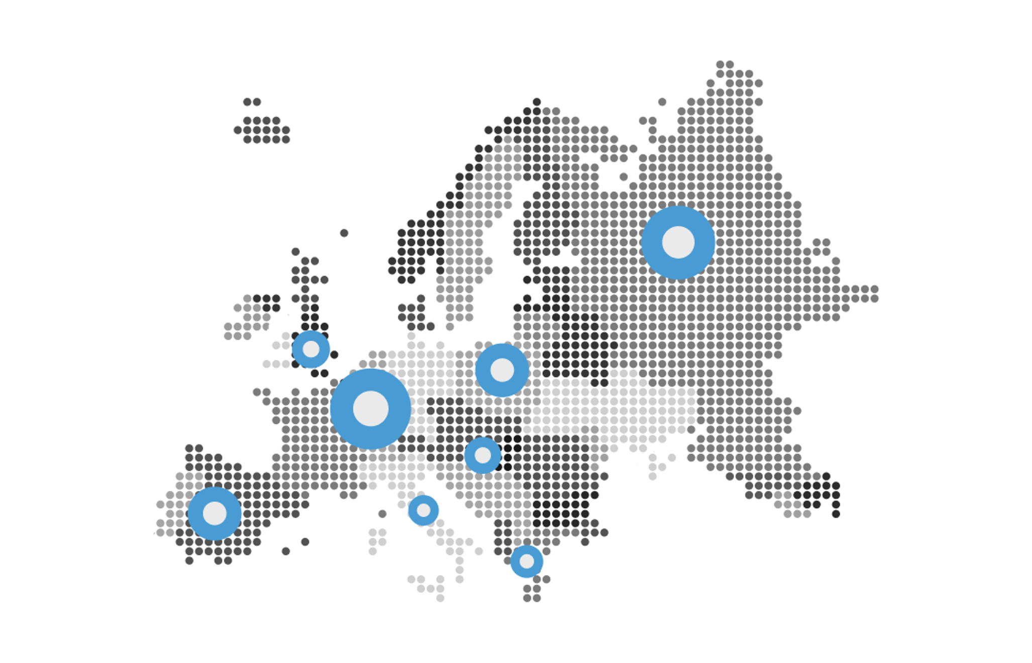 a map of europe with blue circles on it
