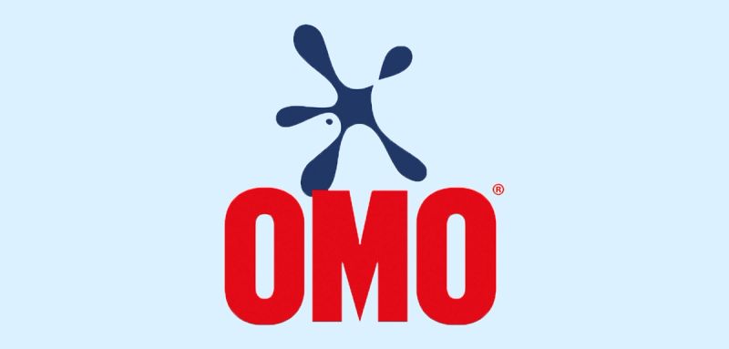 OMO logo with red text and a blue splash icon.