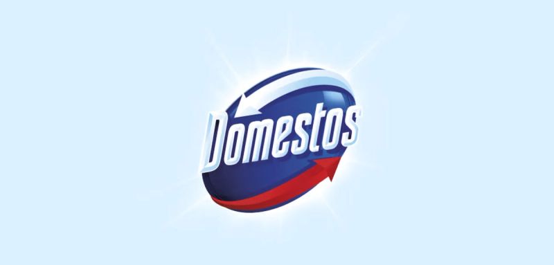 a blue and red logo for domestos on a black background