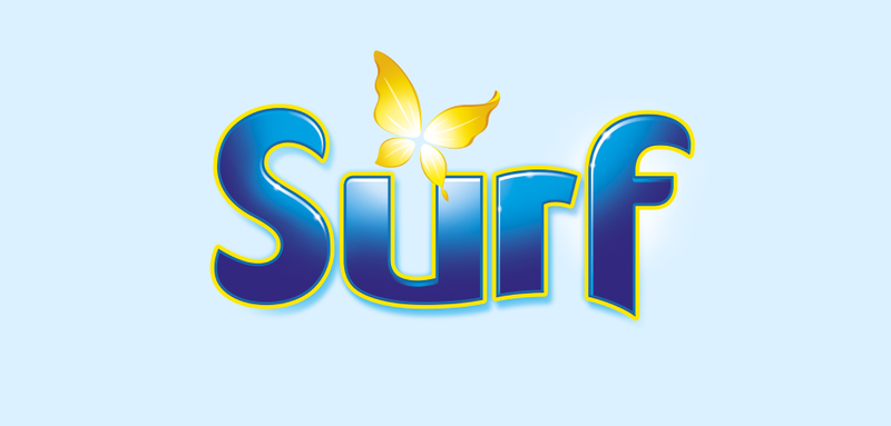 Surf logo with shiny blue letters outlined in yellow and a yellow butterfly above