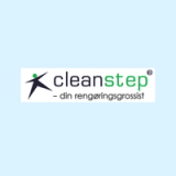 Cleanstep logo featuring a stylized figure and the text 'cleanstep - din rengøringsgrossist'.
