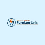 Logo for Furnizor Unic: a shopping cart with a location pin, advertising 'everything in one place' for stationery, cleaning, packaging, and consumables.