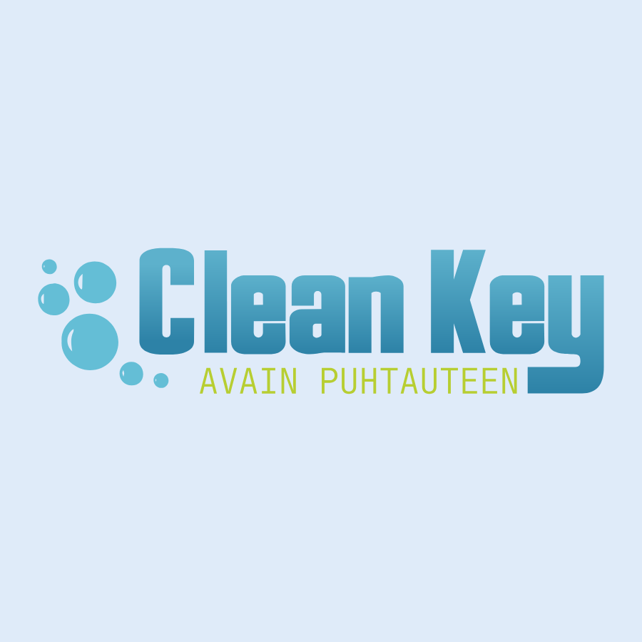 Clean Key logo with blue gradient text, bubbles, and tagline 'AVAIN PUHTAUTEEN' (Key to Cleanliness) in light green.
