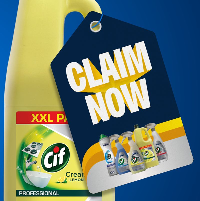 Three Cif cleaning product bottles with tags promoting a Big Black Friday Sale, 70% off Cif Professional, and a "Claim Now" offer.
